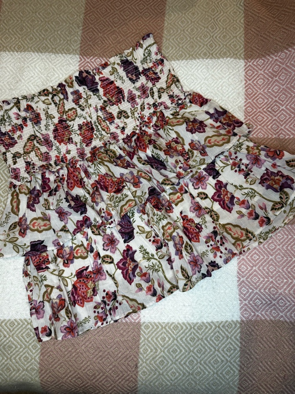 House of Harlow 1960 Floral Smocked Mini Skirt — Pink, Purple & Green